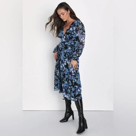 Lulu’s Impressive Charm Black Multi Floral Print Long Sleeve Midi Dress - Picture 4 of 9